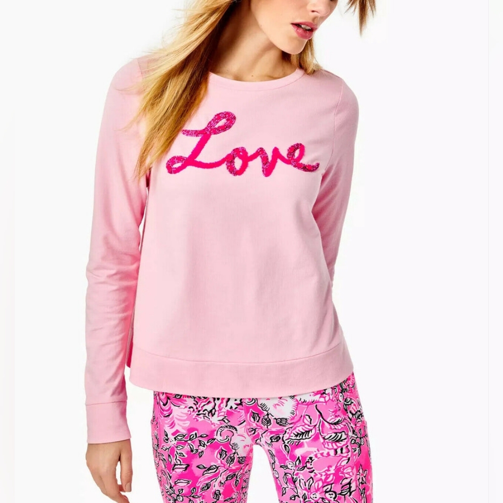 NWT Lilly Pulitzer Pink Rami Graphic Sweatshirt Love Embellished Top